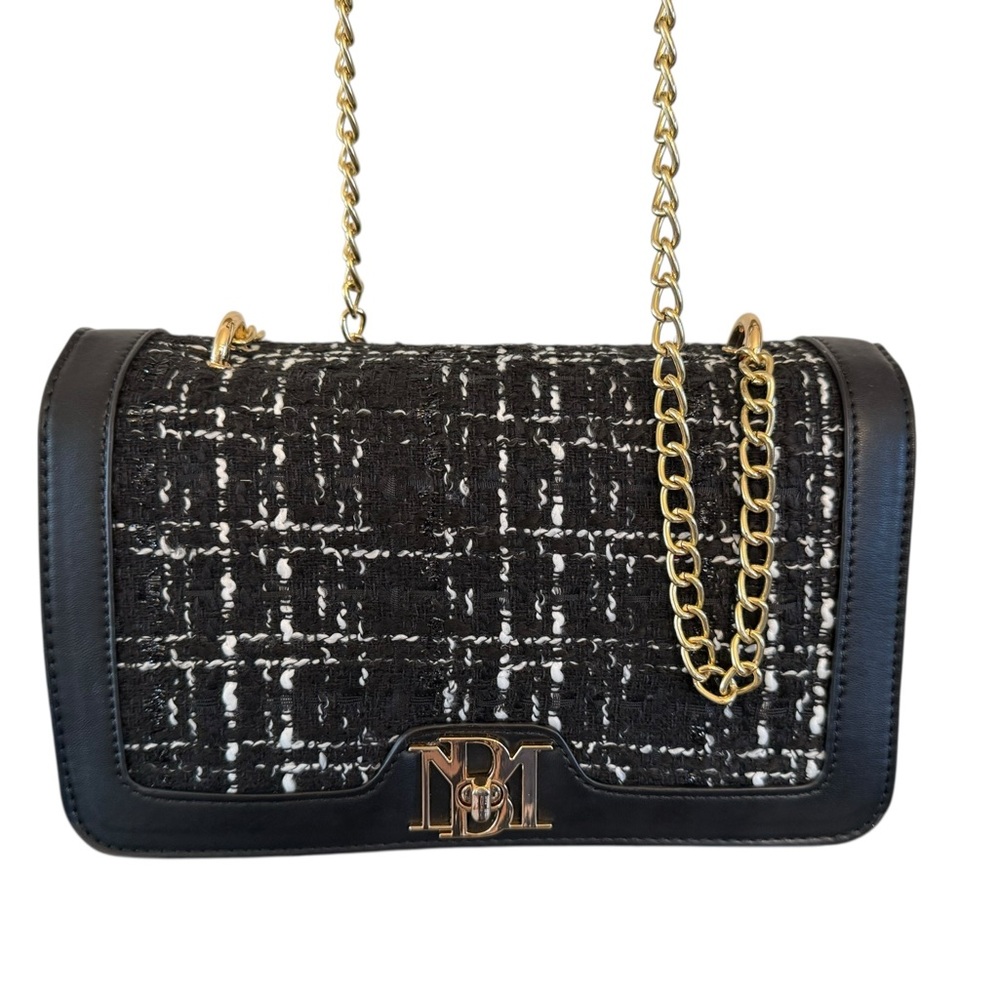 BADGLEY MISCHKA Black & White Tweed Crossbody / Shoulder Bag Gold-Tone Hardware